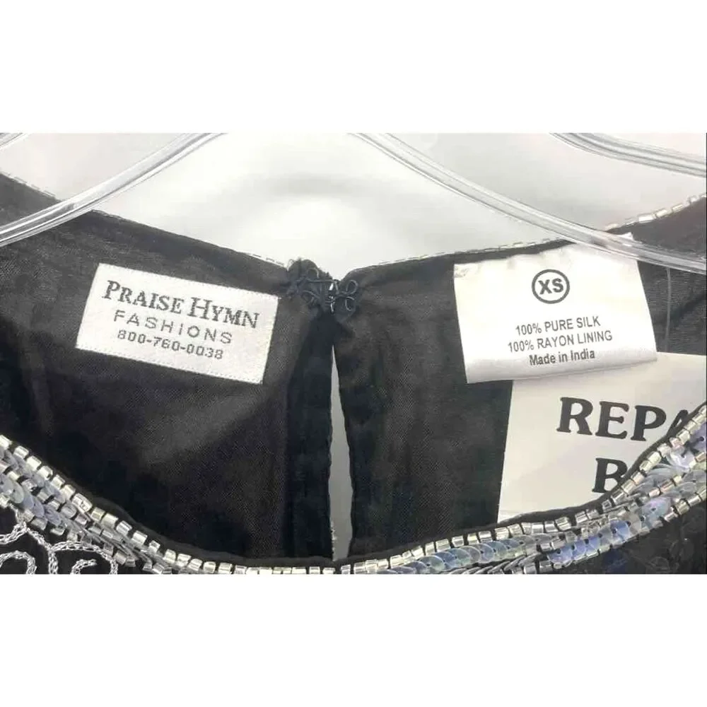 Women's Praise Hymn Black & Blue 100% Silk Top Size XS